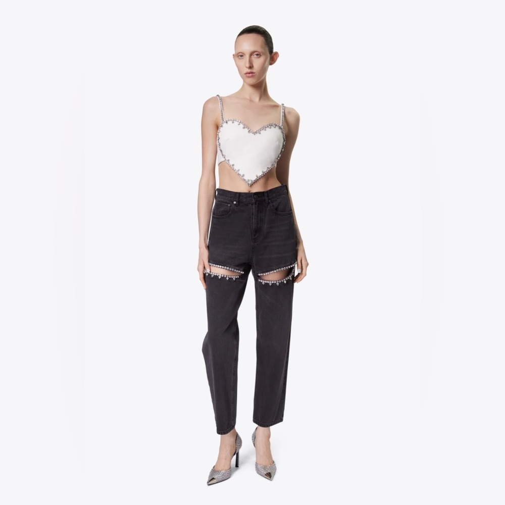 AREA NYC high waisted crystal embellished slit jeans in black
